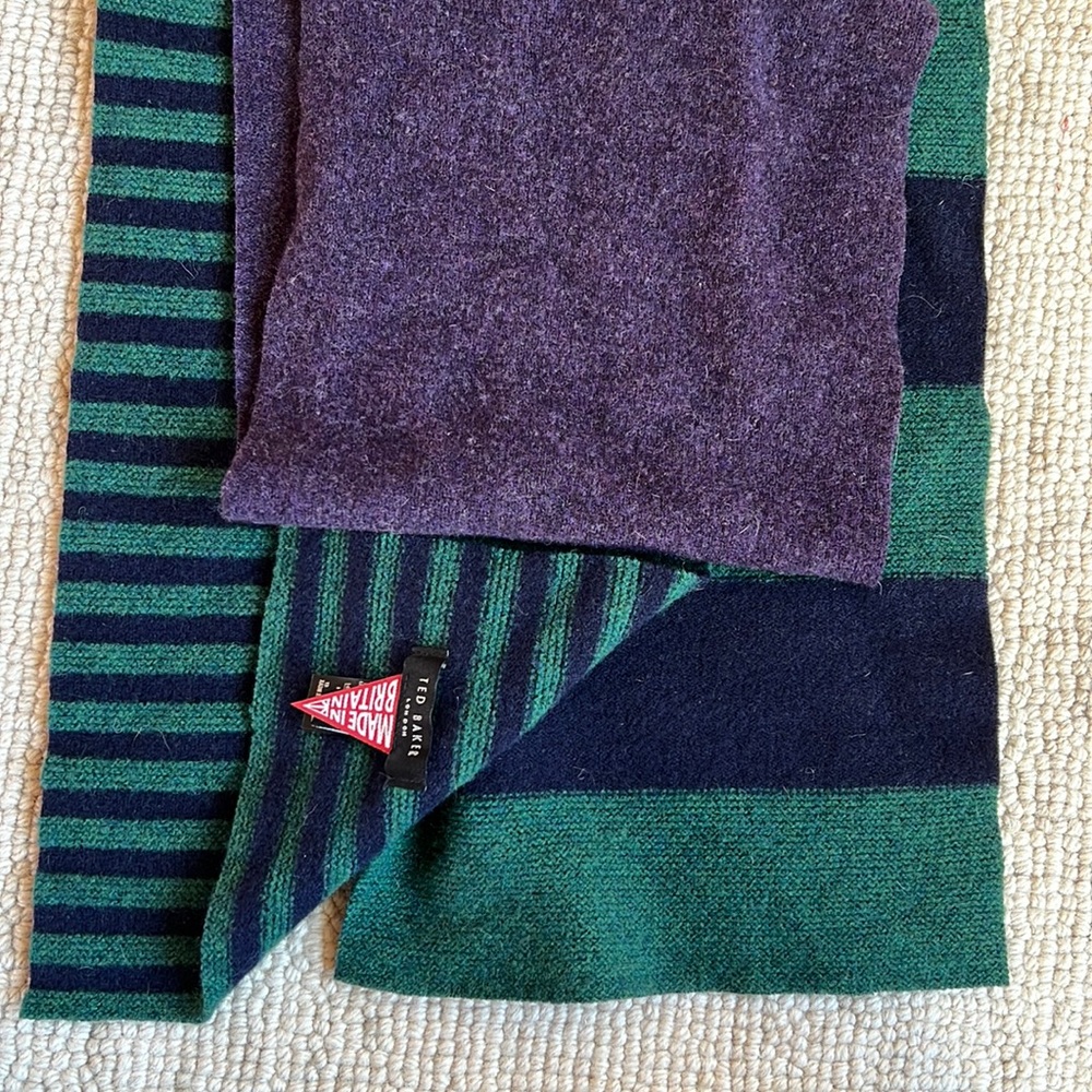 NWOT Ted baker 100% lambs wool scarf. Purple, green and navy